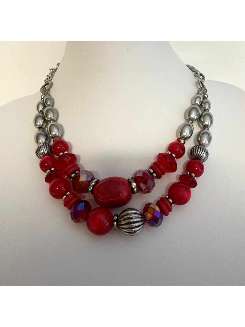 Red Silver Tone Beaded Double Strand Statement Necklace Fashion Jewelry
